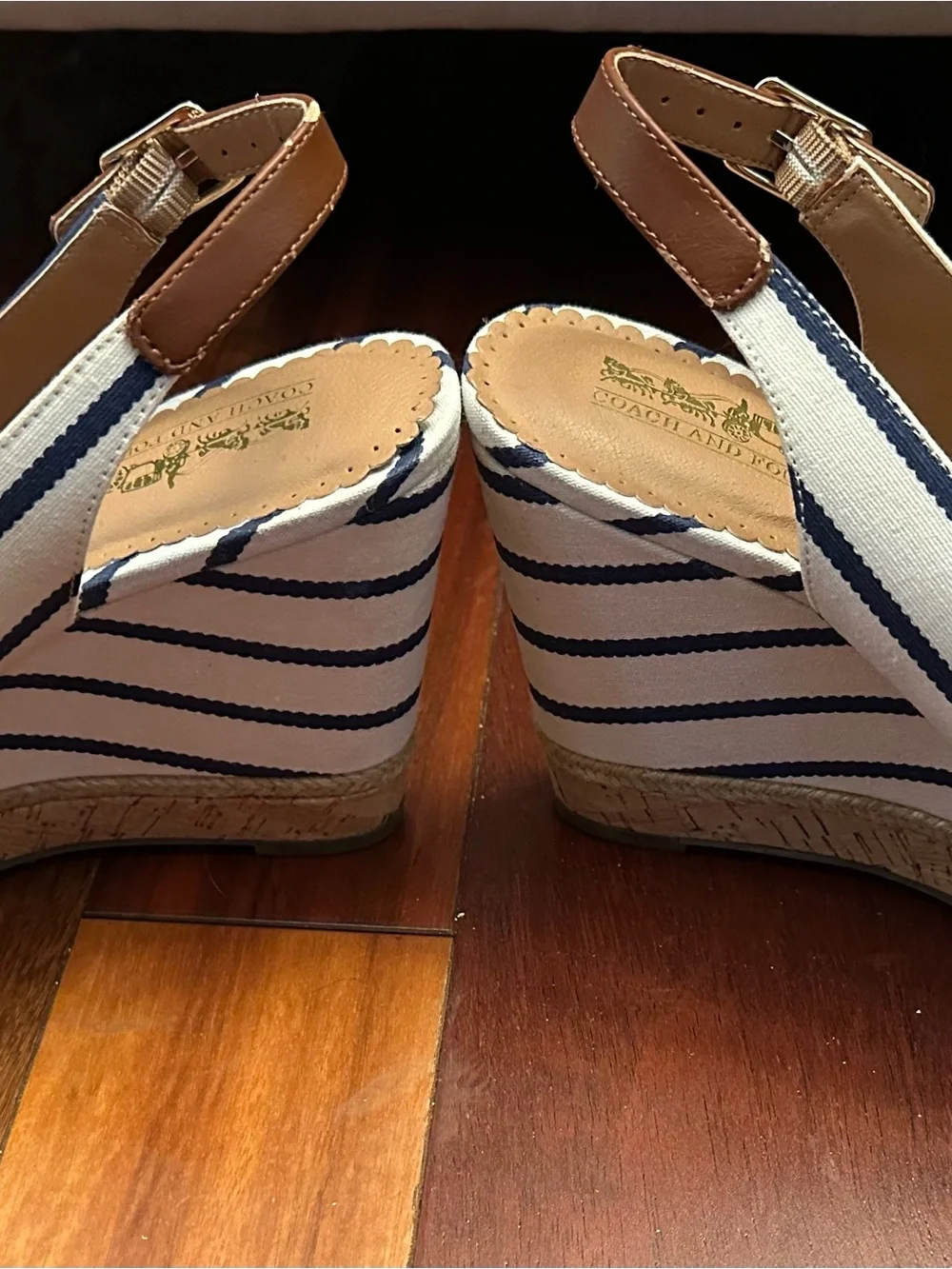Coach and Four Navy & White Striped Slingback Wedges